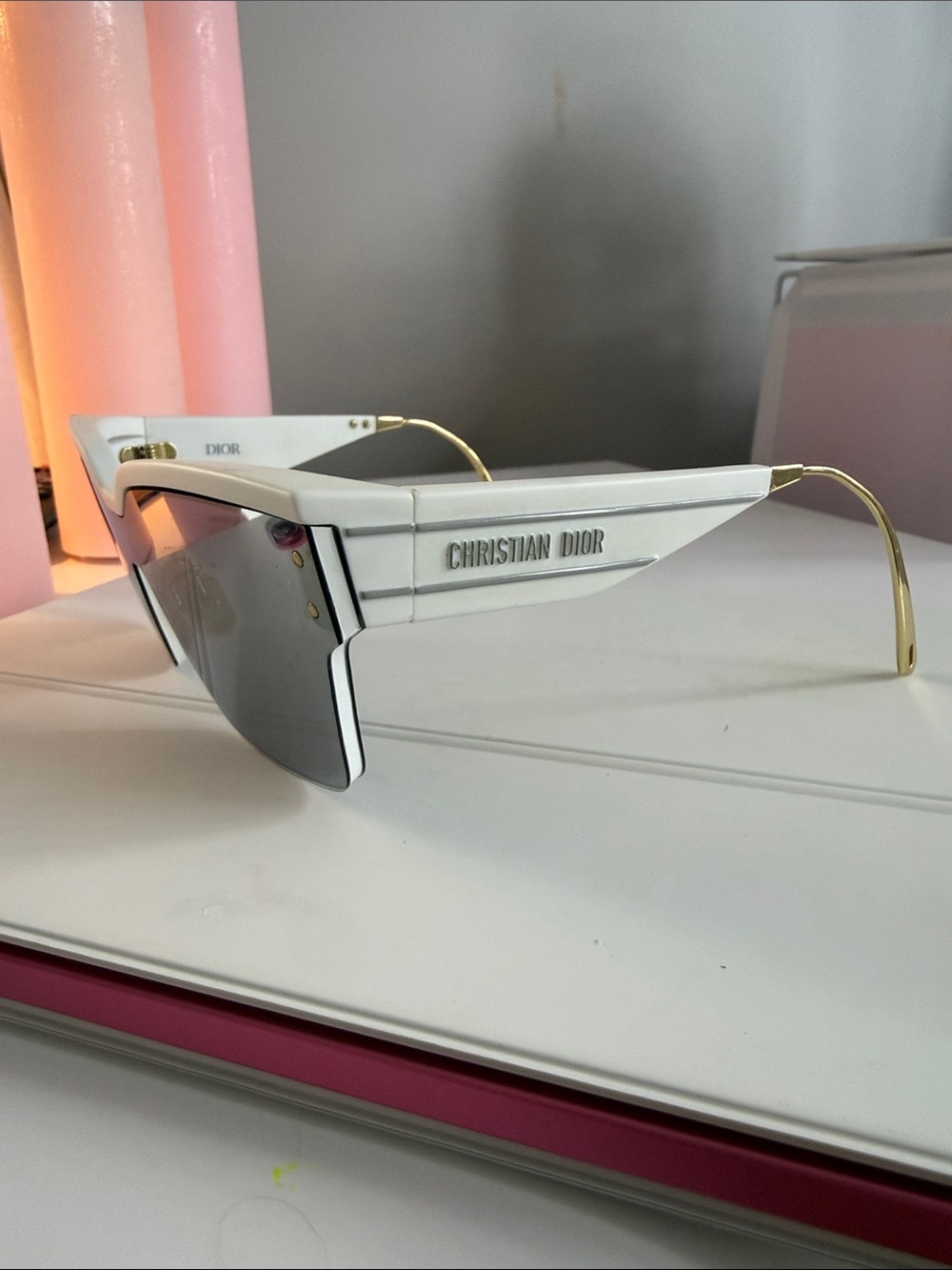 Dior White-Trim Cat-Eye Shield Sunglasses with Silver Mirrored Lenses